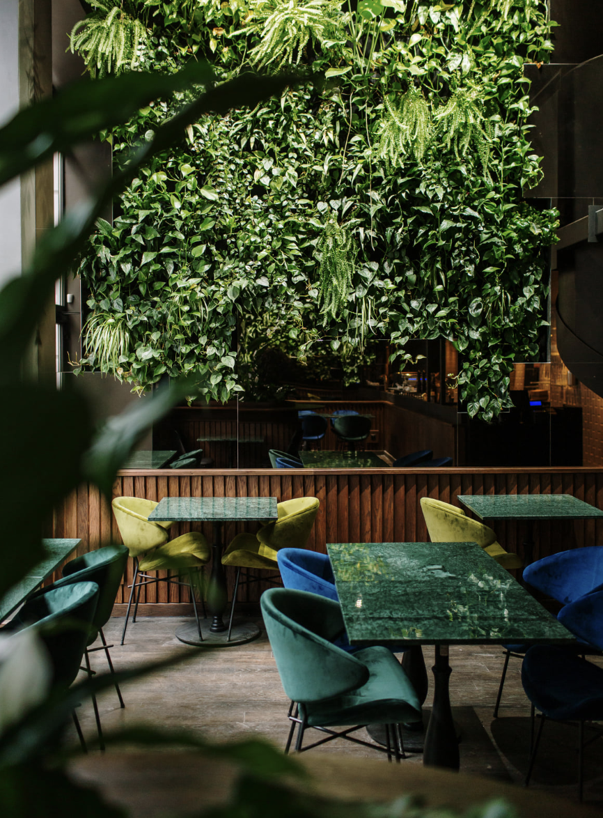 EWOODS real hospitality interior project with green wall, upholstered seating and custom tables