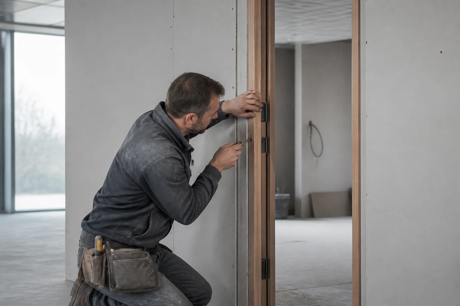 Door installer fitting a timber frame on a construction site