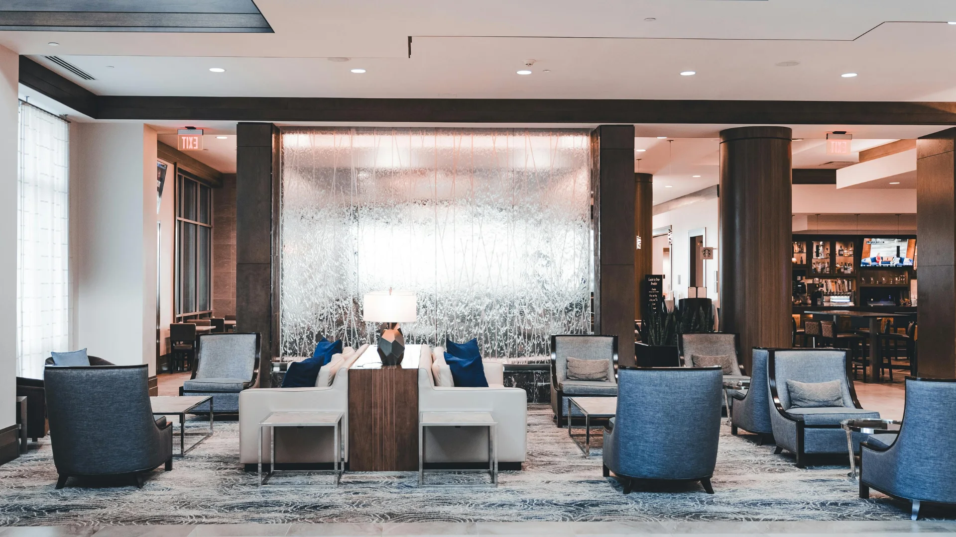 Hospitality lounge furnished with European products